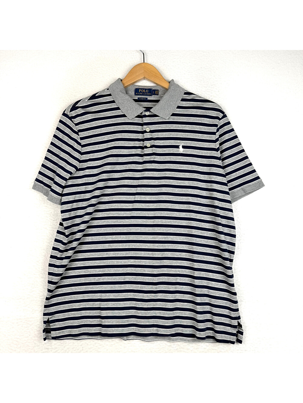 Polo Ralph Lauren Mens L Classic Fit Gray Navy Blue Striped Short Sleeve Shirt